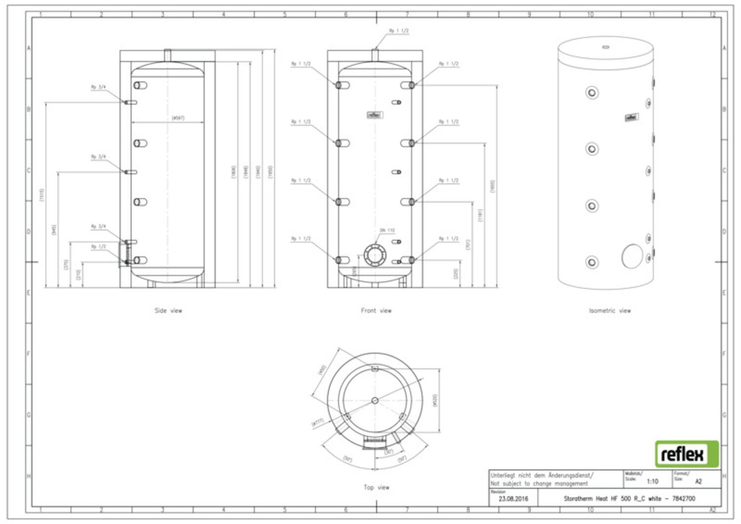 Reflex Pufferspeicher Storatherm Heat HF 500/R_C, Ø 797 mm, 3 bar, mit Reinigungsöffnung und Isolierung, weiß
