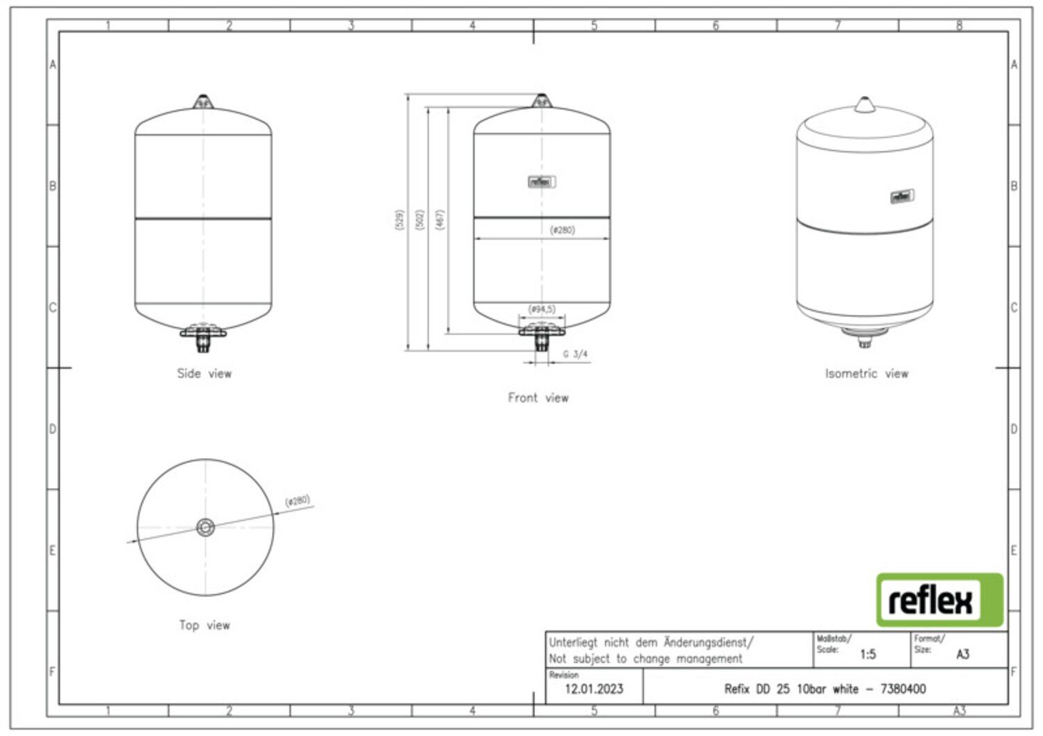 Reflex Membran-Druckausdehnungsgefäß Refix DD 25, 10 bar/70 °C, G 3/4, weiß