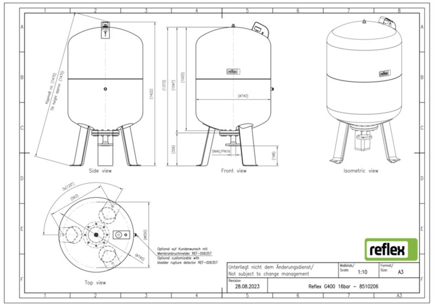 Reflex Membran-Druckausdehnungsgefäß G 400, 16 bar/70 °C, DN 40/PN 16, grau