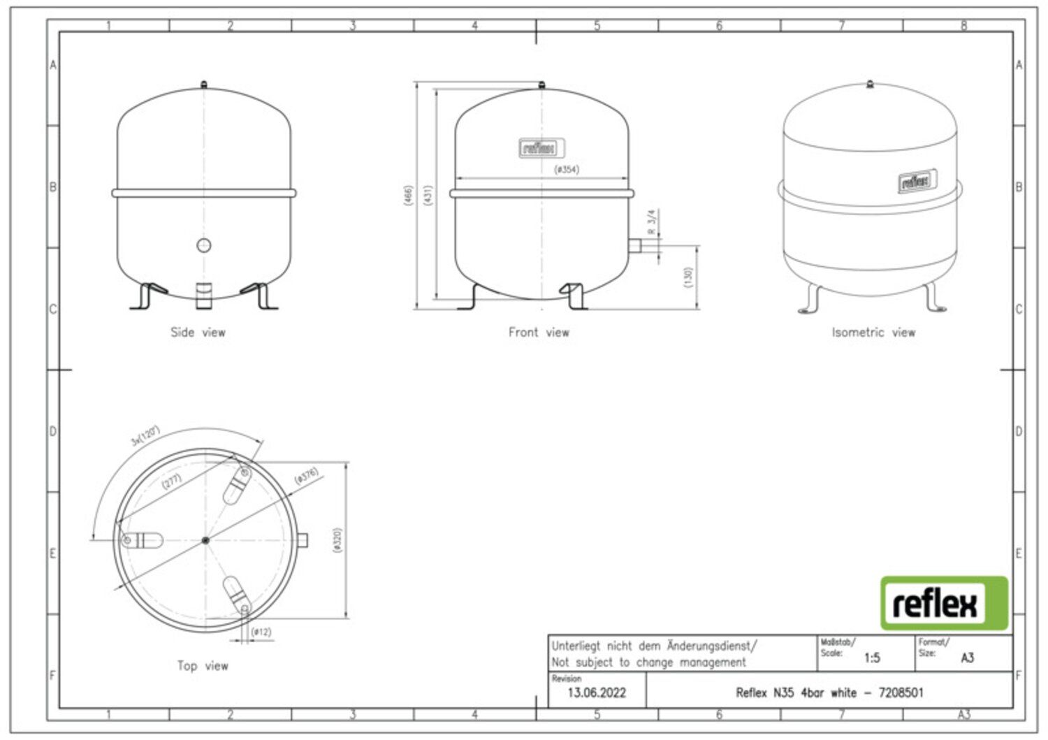 Reflex Membran-Druckausdehnungsgefäß N N 35, 4 bar/70 °C, R 3/4, weiß