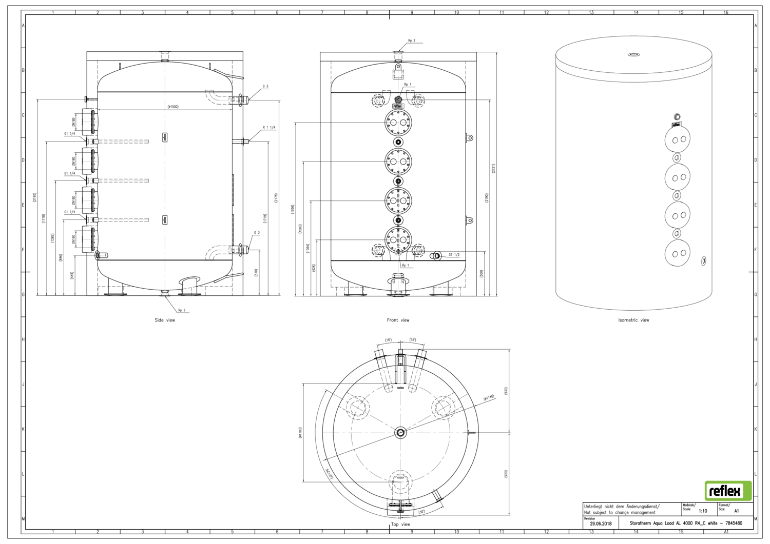 Reflex Ladepeicher Storatherm Aqua Load AL 4000/R4, Ø 1740 mm ohne Isolierung, mit 4 Revisionsflanschen, weiß