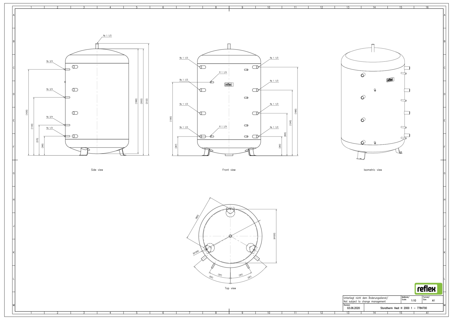 Reflex Pufferspeicher Storatherm Heat H 2000/1, Ø 1200 mm, 6 bar, mit Glattrohrwärmeübertrager, ohne Isolierung, silber