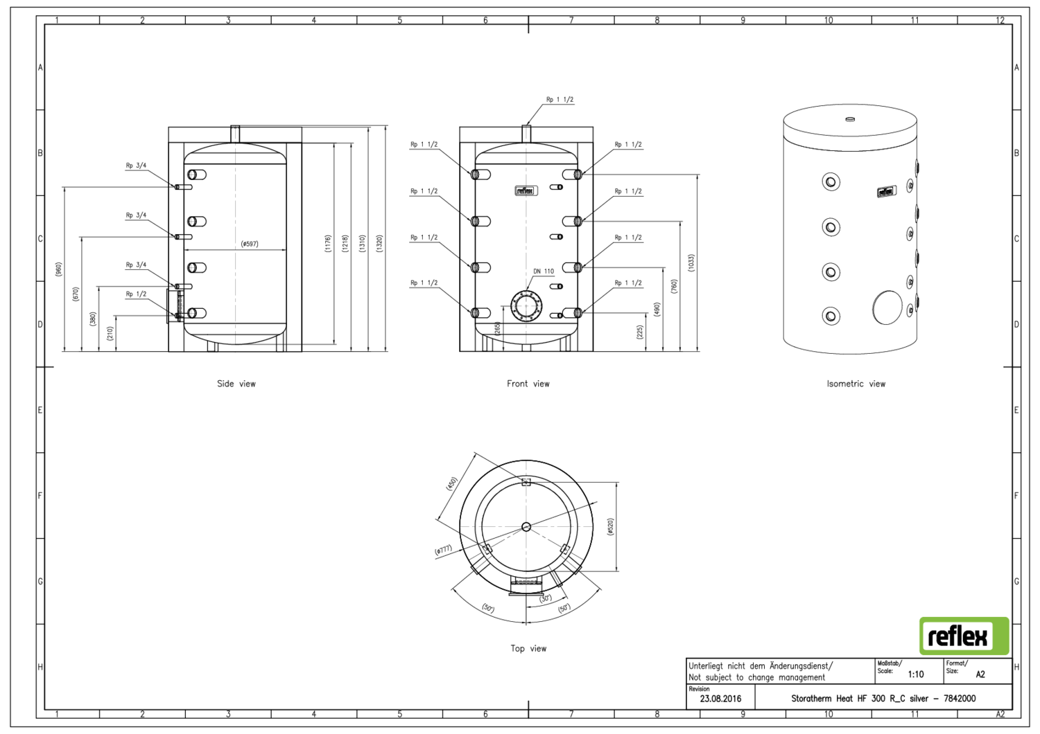 Reflex Pufferspeicher Storatherm Heat HF 300/R_C, Ø 797 mm, 3 bar, mit Reinigungsöffnung und Isolierung, silber