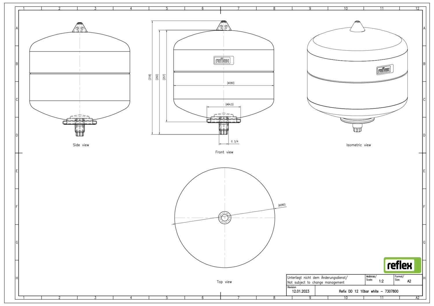 Reflex Membran-Druckausdehnungsgefäß Refix DD 12, 10 bar/70 °C, G 3/4, weiß