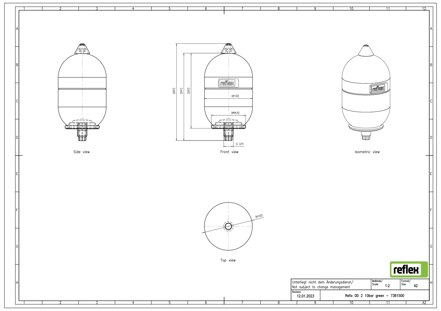 Reflex Membran-Druckausdehnungsgefäß Refix DD 2, 10 bar/70 °C, G 3/4, grün