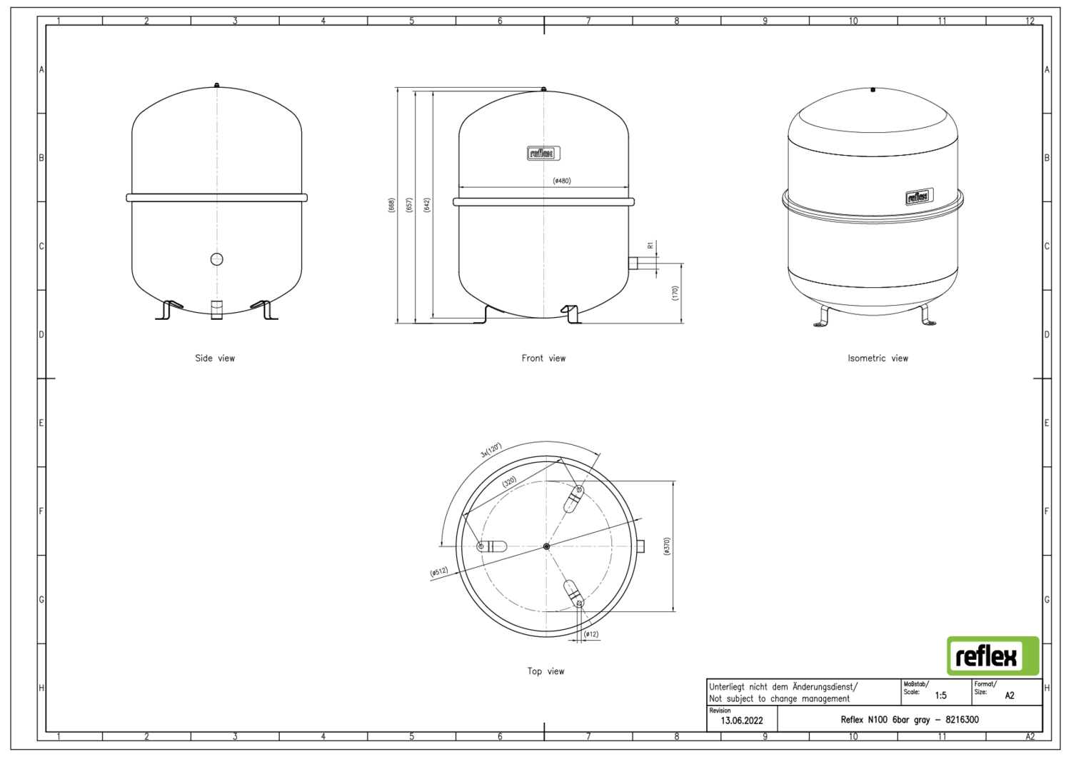 Reflex Membran-Druckausdehnungsgefäß N N 100, 6 bar/70 °C, R 1, grau