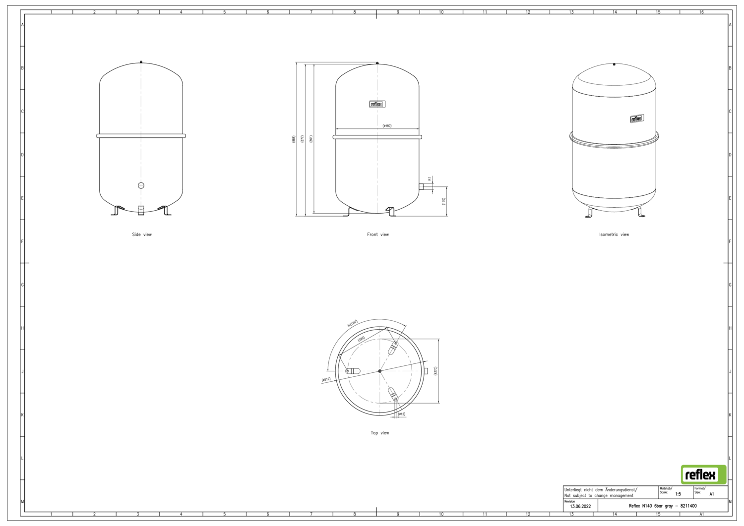 Reflex Membran-Druckausdehnungsgefäß N N 140, 6 bar/70 °C, R 1, grau
