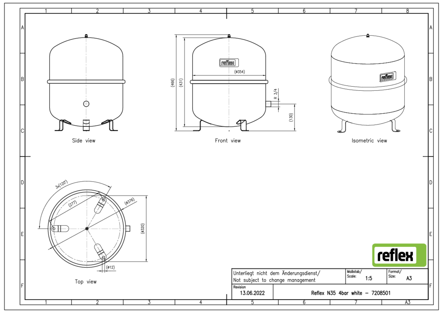 Reflex Membran-Druckausdehnungsgefäß N N 35, 4 bar/70 °C, R 3/4, weiß