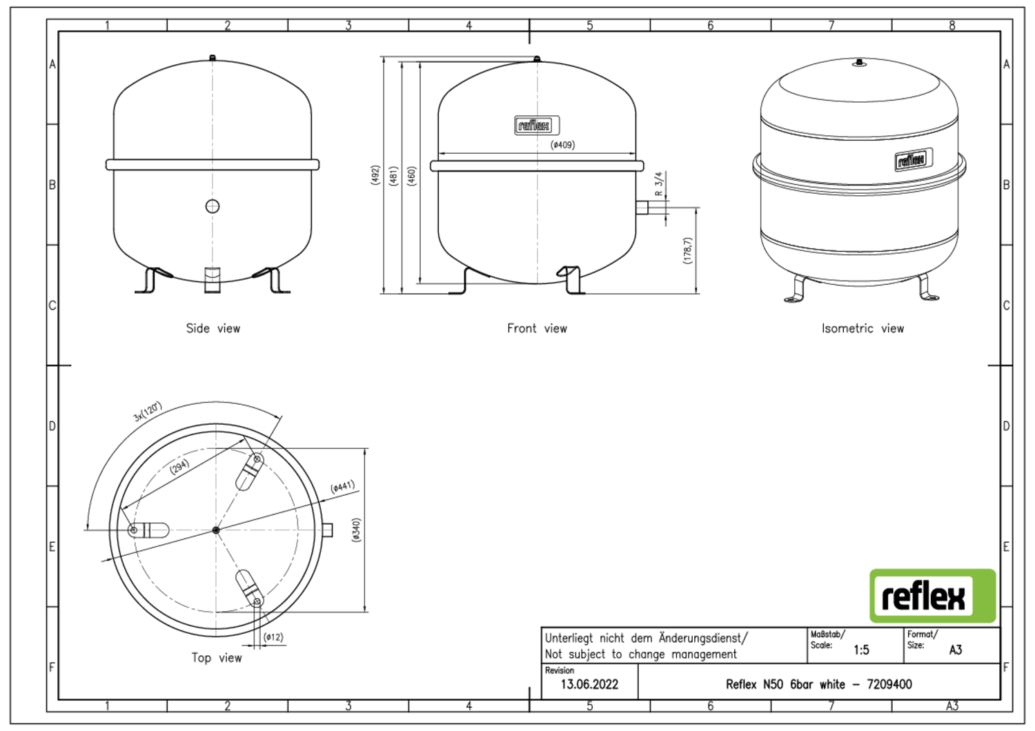 Reflex Membran-Druckausdehnungsgefäß N N 50, 6 bar/70 °C, R 3/4, weiß