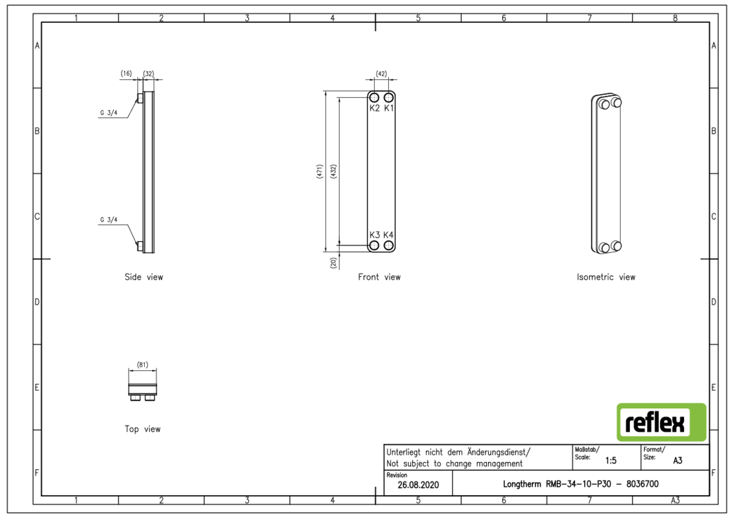 Reflex Wärmetauscher Longtherm RMB-34-10, Plattenzahl 10, gelötet, Edelstahl, eingängig