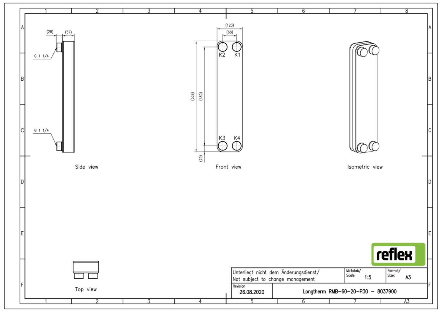 Reflex Wärmetauscher Longtherm RMB-60-20, Plattenzahl 20, gelötet, Edelstahl, eingängig