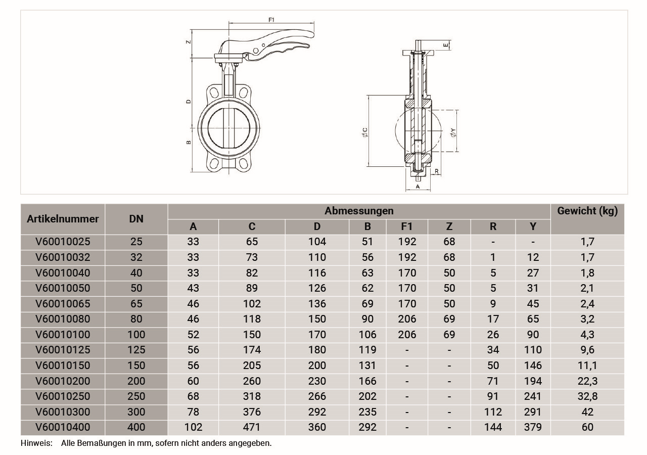 Resideo Absperrklappe V6001 DN25, 14,2 cbm/h, Absperrklappe mit Handhebel