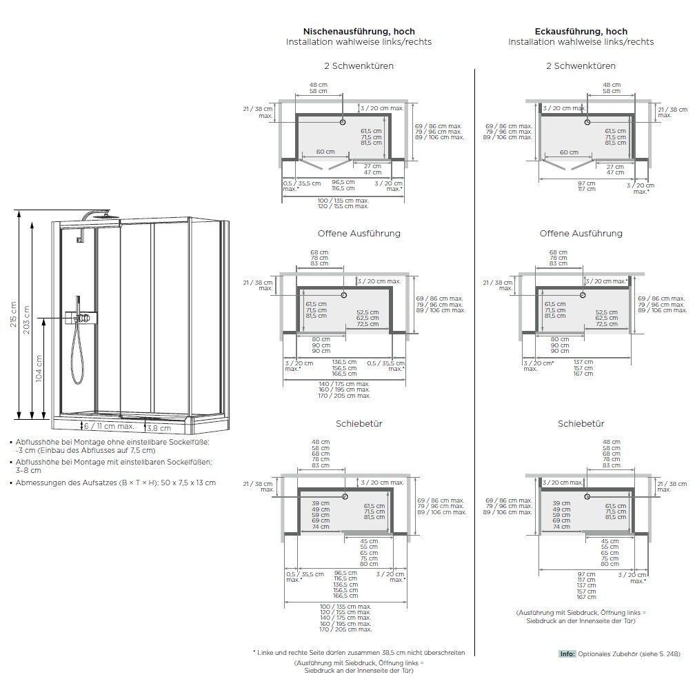 Kinedo Kinemagic Design F100x90Nische Hoch Schiebetür Thermostat Klarglas