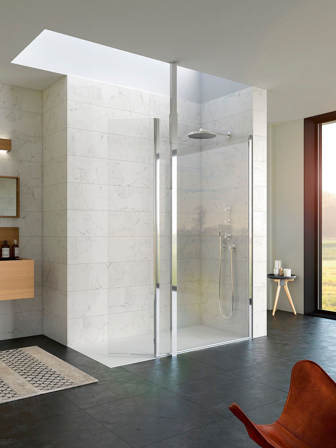 Kinedo KINEQUARTZ Duo 140+60 Walk-In RE H200 chrom CC-Klarglas Deckenstange TR