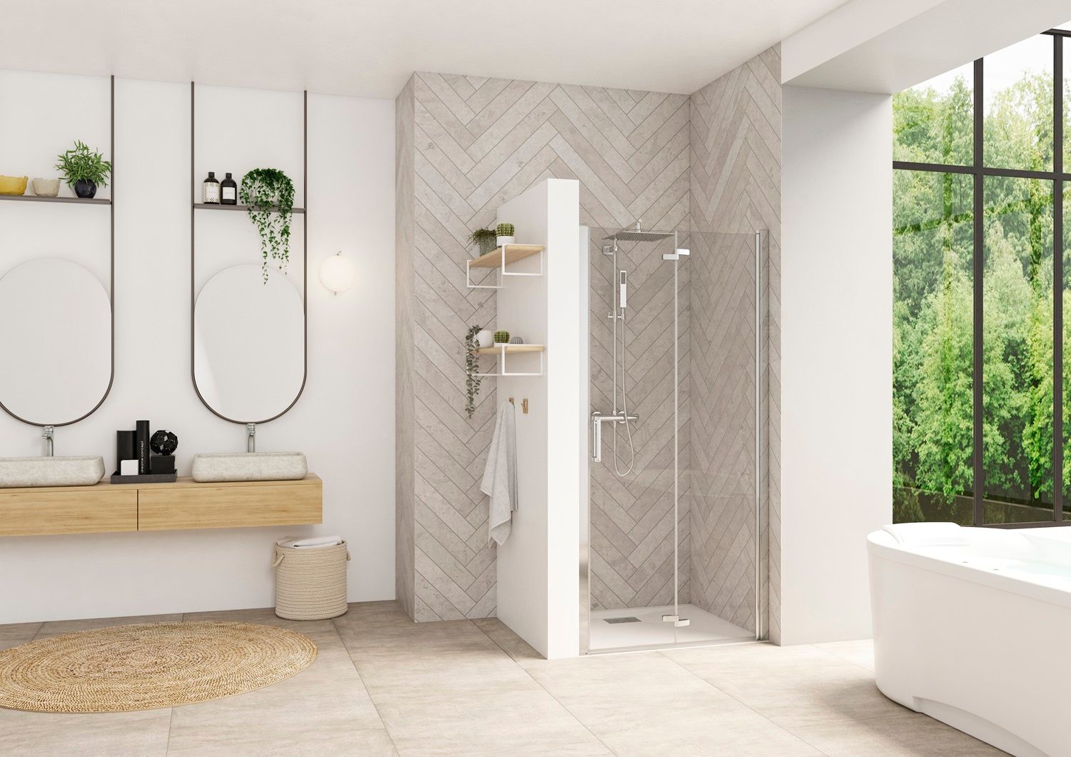 Kinedo Smart Design S 100 Drehfalttür tg weiß Dekorglas Cosmos Nische