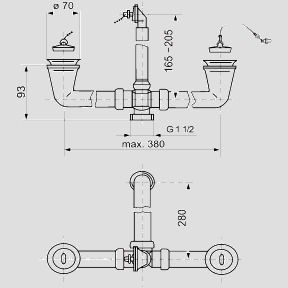Sanit Ab-/Überlaufgarnitur G1 1/2 x max. 380 mm, beidseitig Stopfen mit Kugelkette