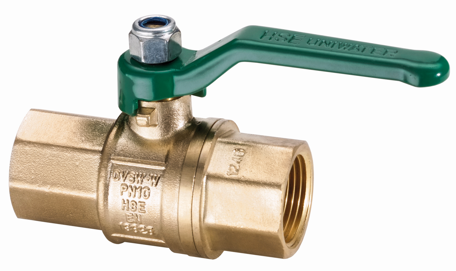 HS Trinkwasser-Kugelhahn UNIWATER 1449 1/2", Messing, Stahlhebel grün
