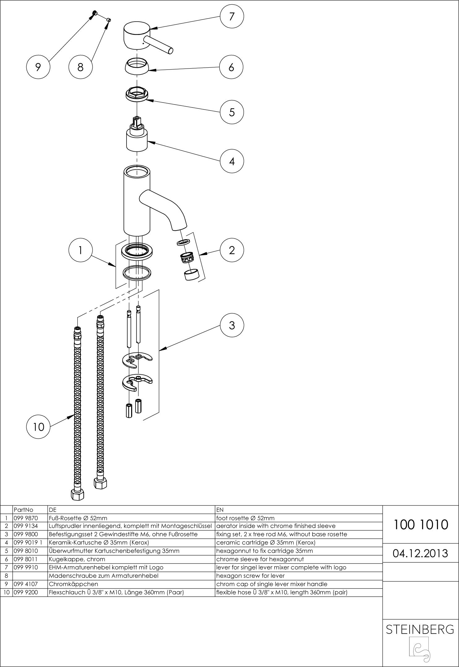 Steinberg Waschtisch-Einhebelmischer Serie 100 Ausladung 100mm, Höhe 149mm, ohne Ablaufgarnitur, chrom