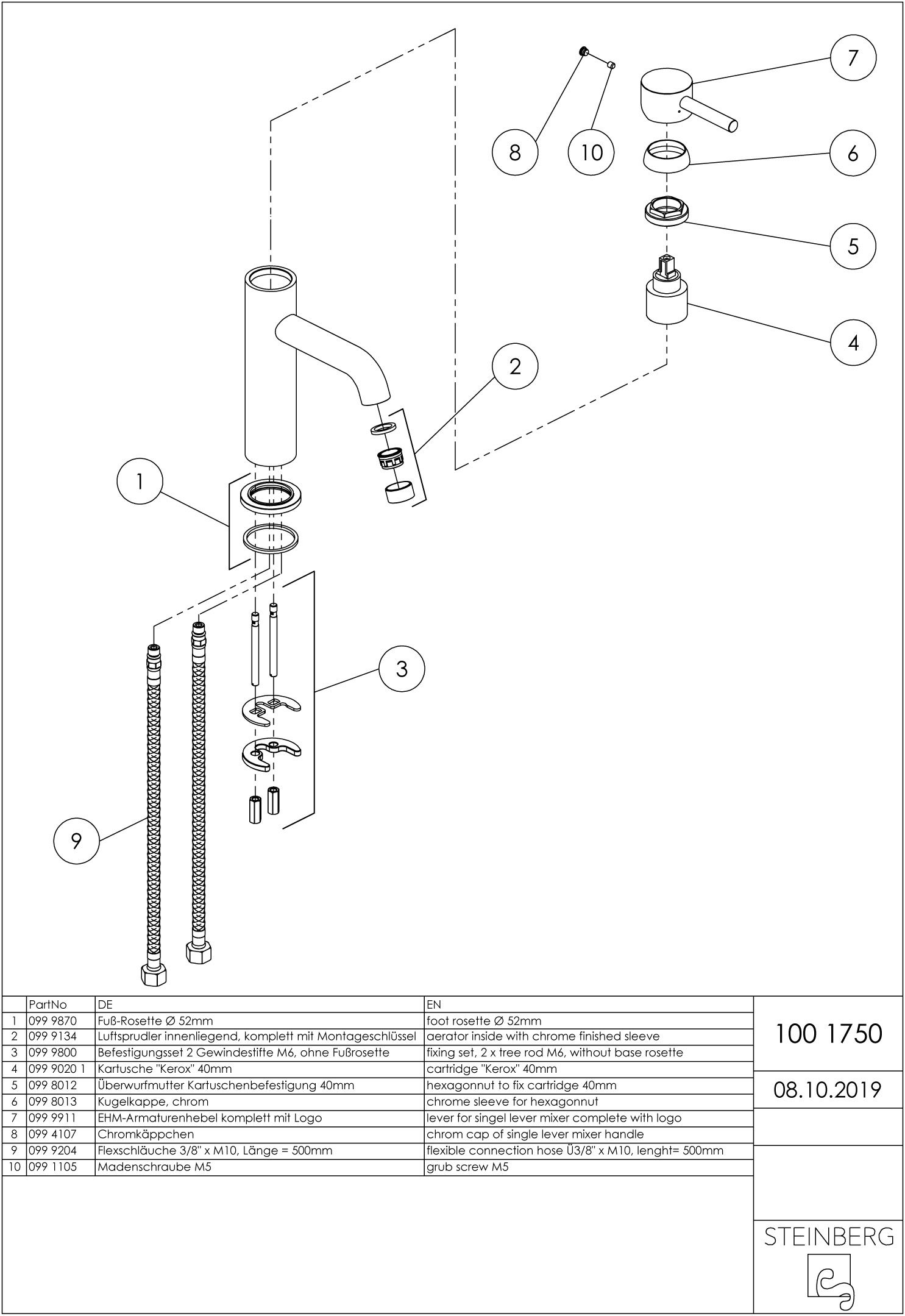 Steinberg Waschtisch-Einhebelmischer Serie 100 Ausladung 128mm, Höhe 209mm, ohne Ablaufgarnitur, chrom