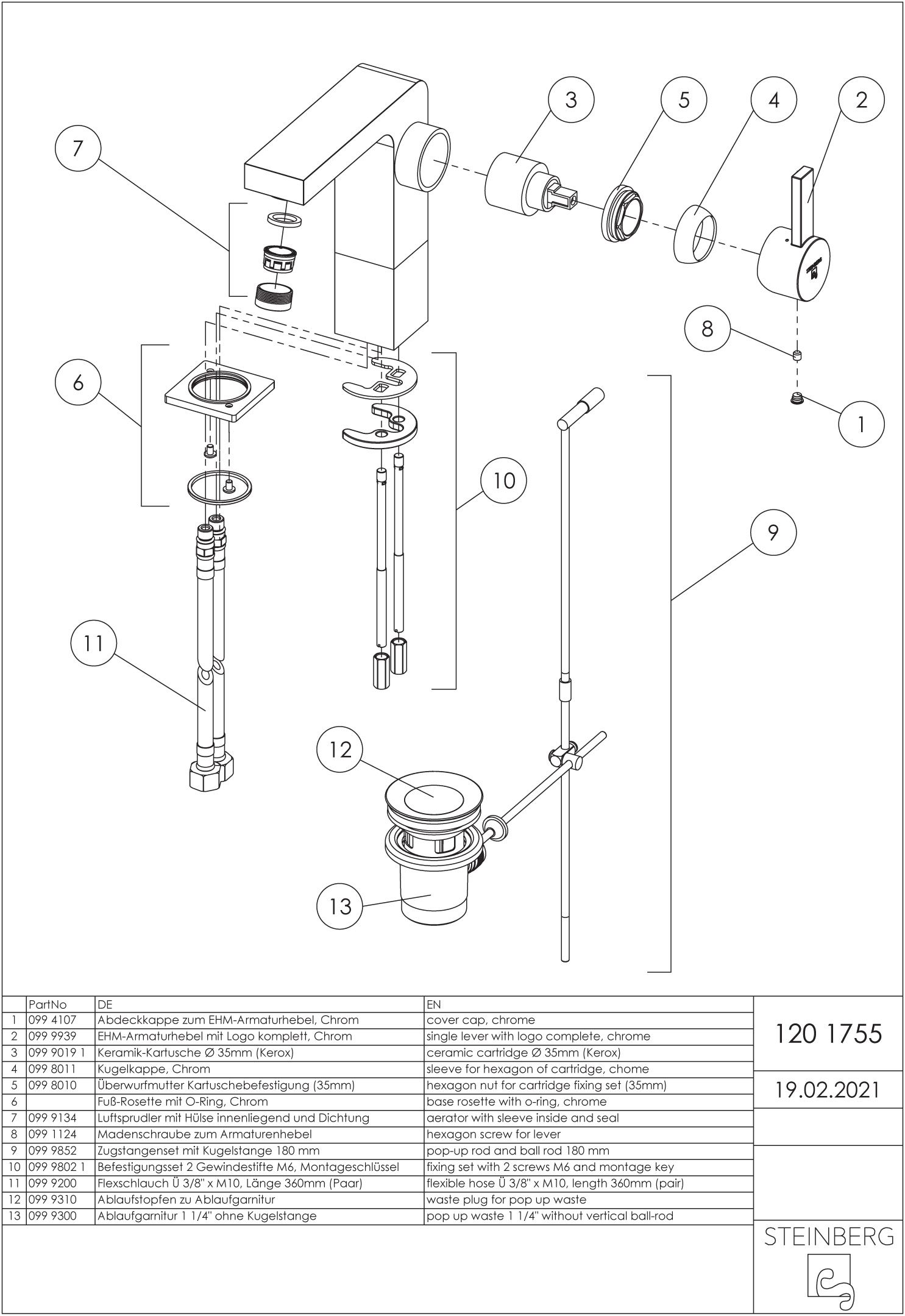 Steinberg Waschtisch-Einhebelmischer Serie 120 Ausladung 120mm, mit Ablaufgarnitur 1 1/4", chrom