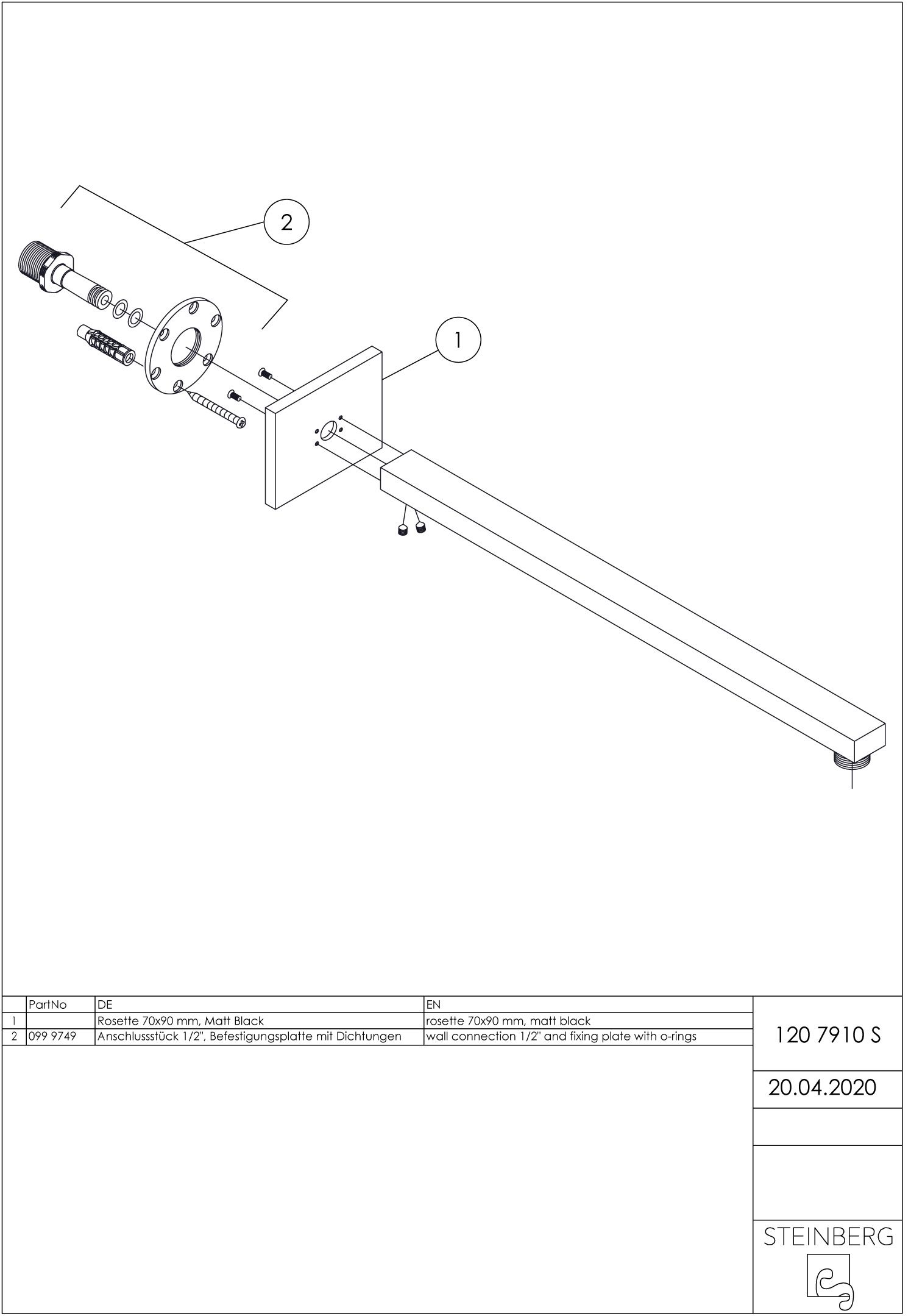 Steinberg Brausearm Serie 120 400 mm, mit verstärkter Wandhalterung, Matt Black, eckig, Wandmontage