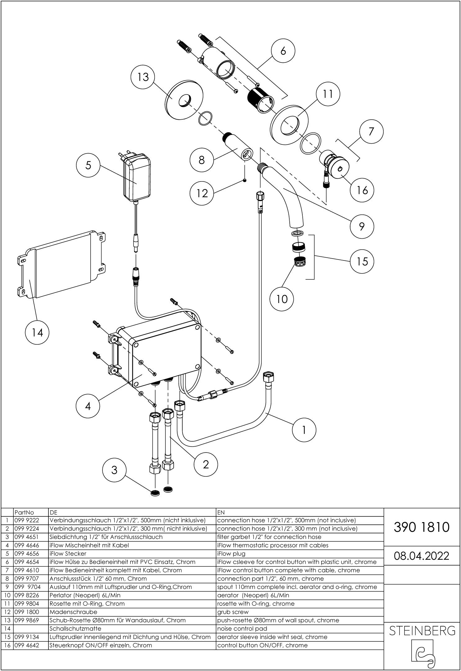 Steinberg Fertigmontageset iFlow Digital Wand-Waschtischarmatur, Ausladung 169mm, vollelektronische Temperaturregelung, chrom