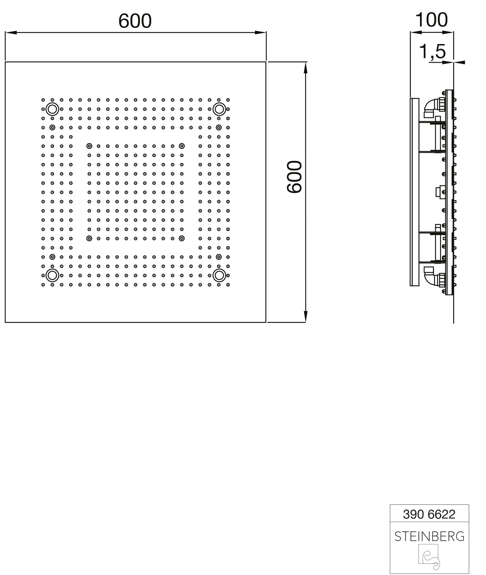 Steinberg Regenpaneel Serie 390 Relax Rain 600x600mm, mit LED, für Deckeneinbau, Edelstahl poliert