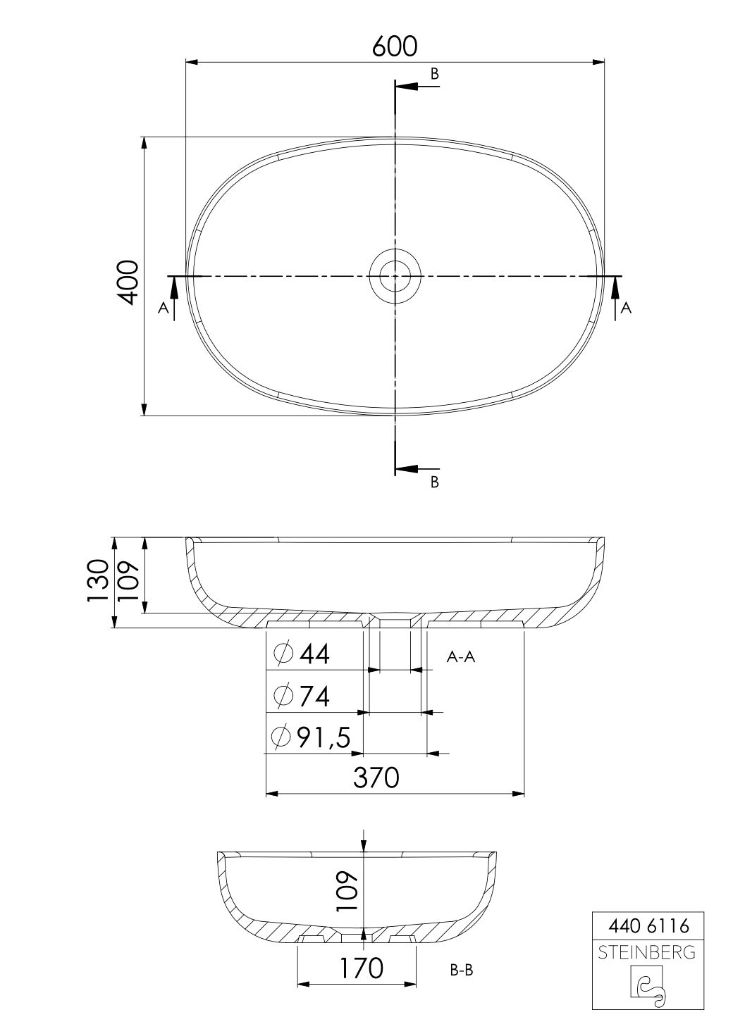 ST Aufsatzwaschtisch oval 440 6116 S, matt black
