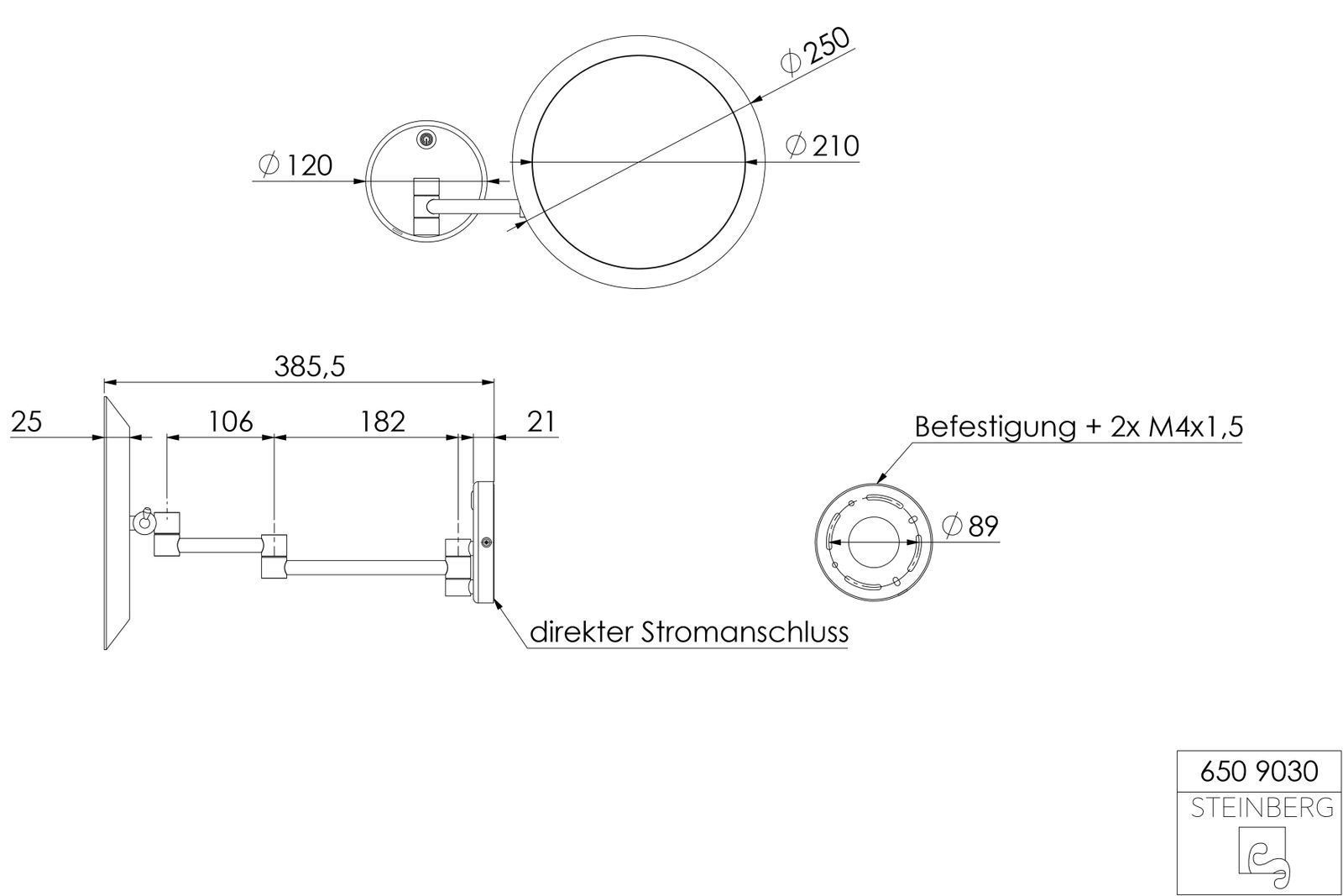 Steinberg LED-Kosmetikspiegel Serie 650 d&#x3D; 250mm, 2-armig, 5-fach Vergrößerung, chrom