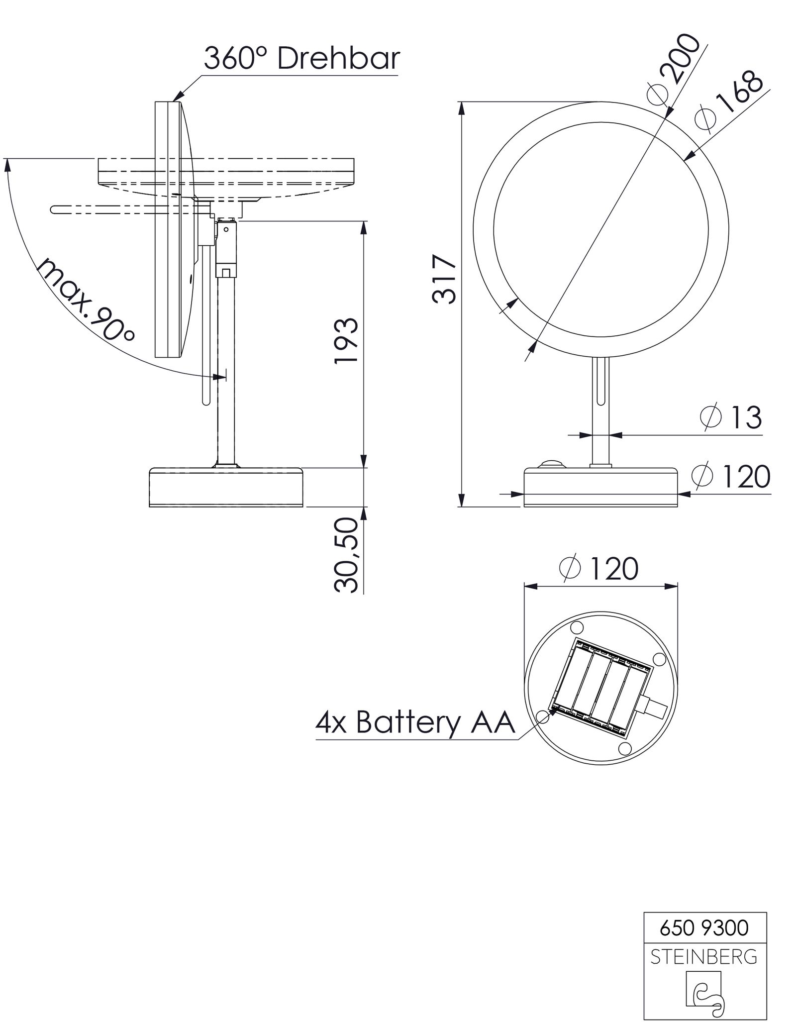 Steinberg LED-Standkosmetikspiegel Serie 650 d&#x3D; 200mm, 2-armig, 5-fach Vergrößerung, chrom