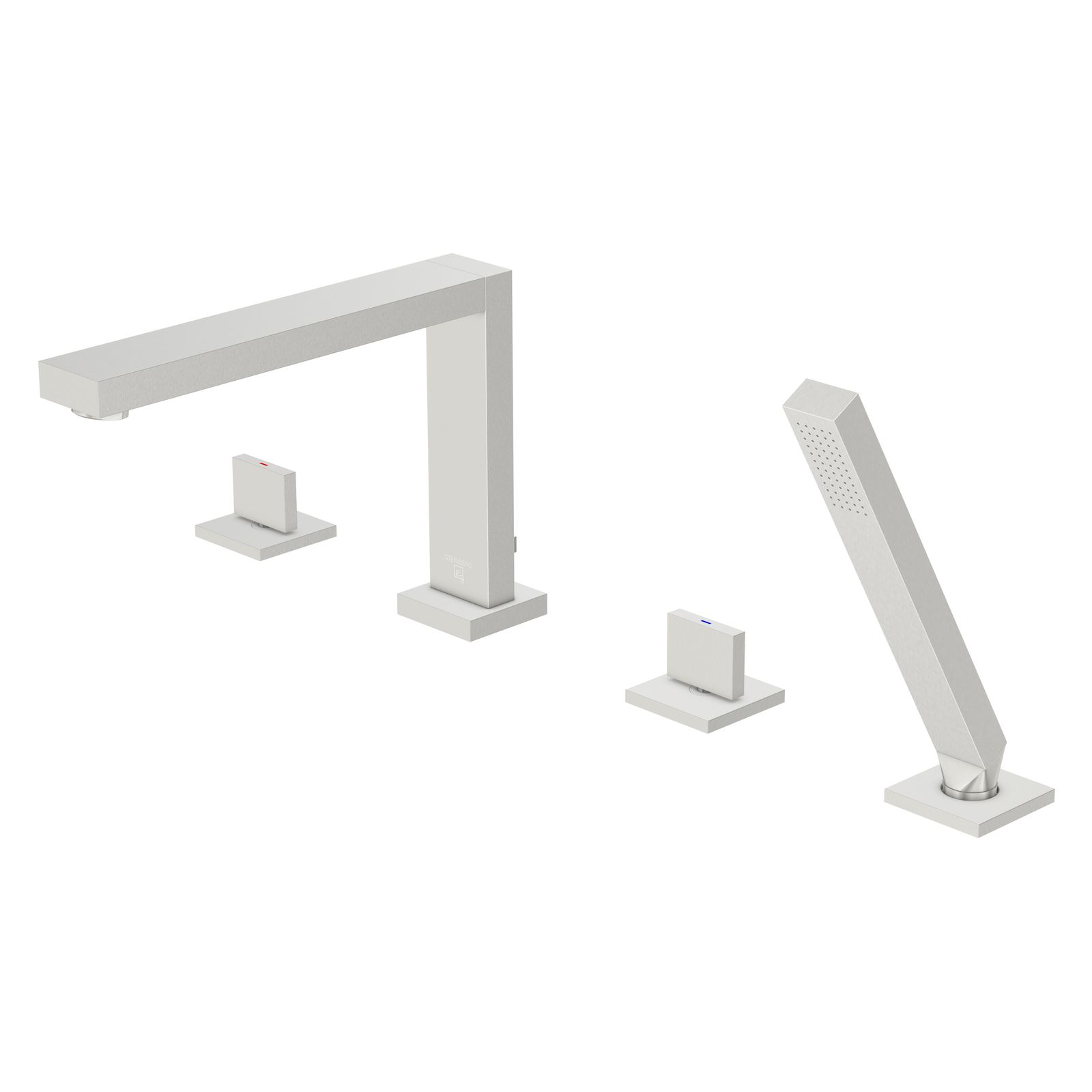 Steinberg Wannen-4-Loch-Armatur Serie 160 Ausladung 210 mm, mit Umsteller und ausziehbarer Handbrause, brushed nickel