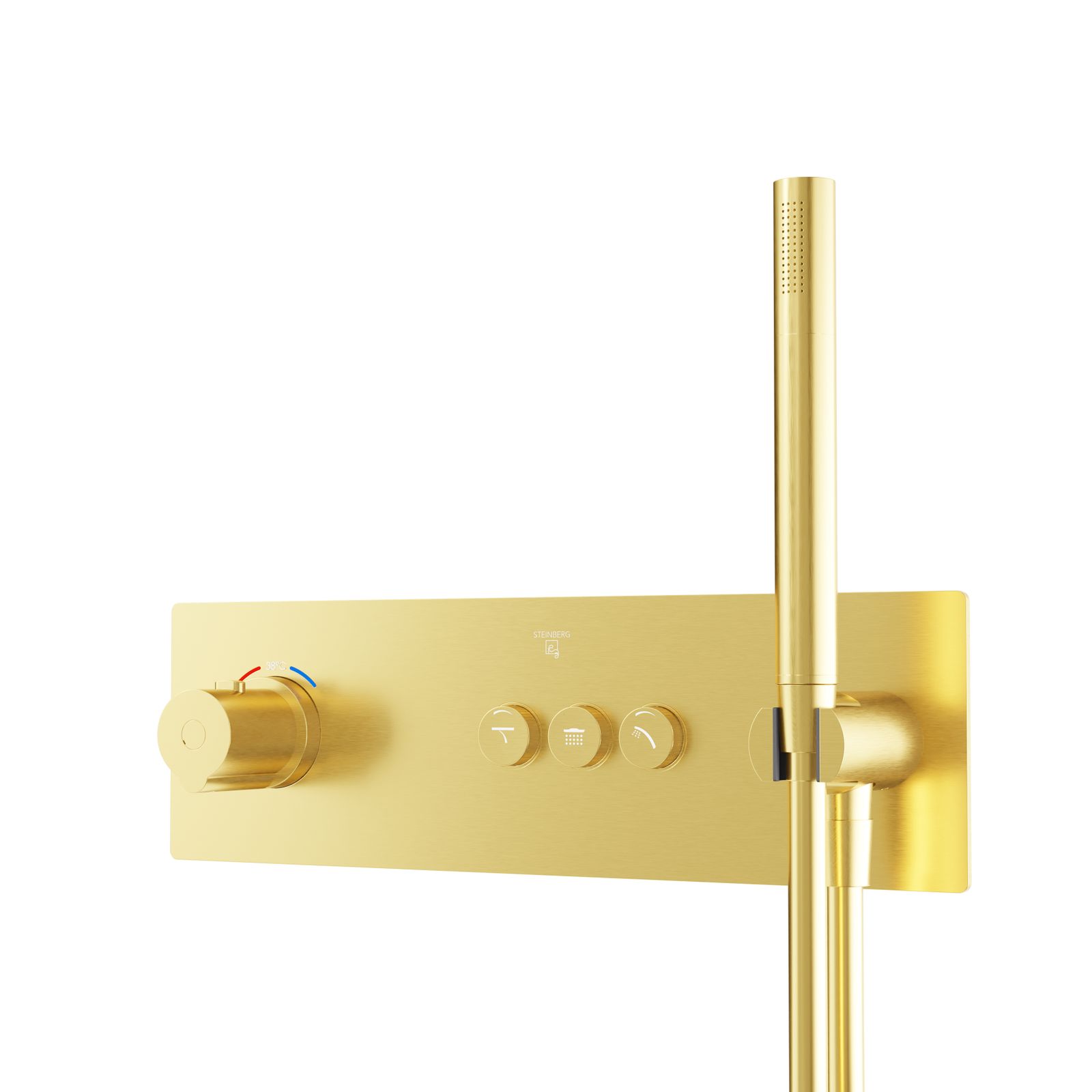 Steinberg Fertigmontageset Serie 390 Sensual Rain UP-Thermostat, 3/4", Abdeckplatte eckig, für 3 Verbraucher, Brushed Gold