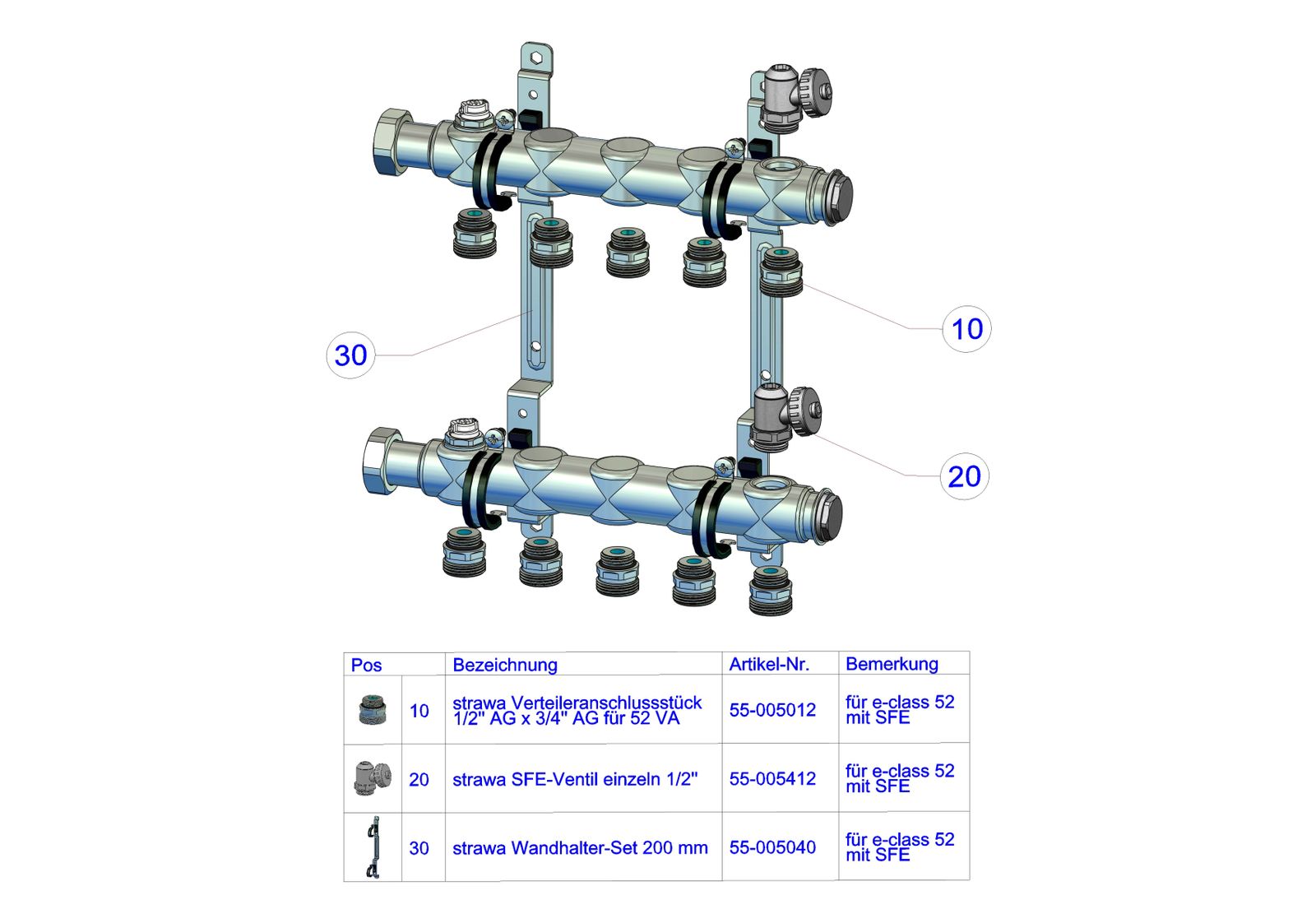 Strawa Heizkörperverteiler e-class 52 12 Heizkreise, Baulänge 695 mm, mit SFE, 3/4" KH Strawa Heizkörperverteiler e-class 52 12 Heizkreise, Baulänge 695 mm, mit SFE, 3/4" KH
