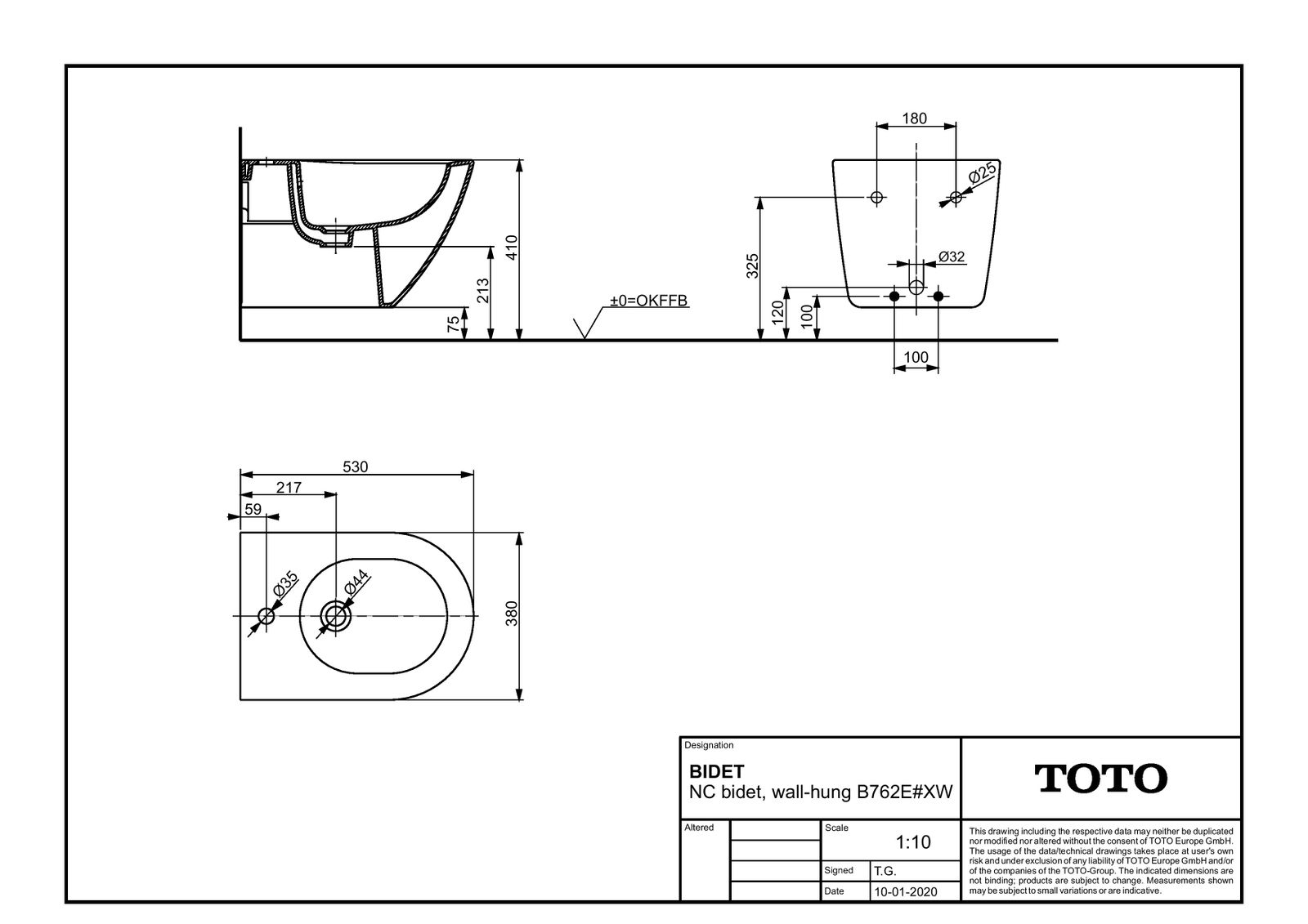 TOTO Wand-Bidet NC 38x53x33,5cm, mit Hahnloch und Überlauf, weiß