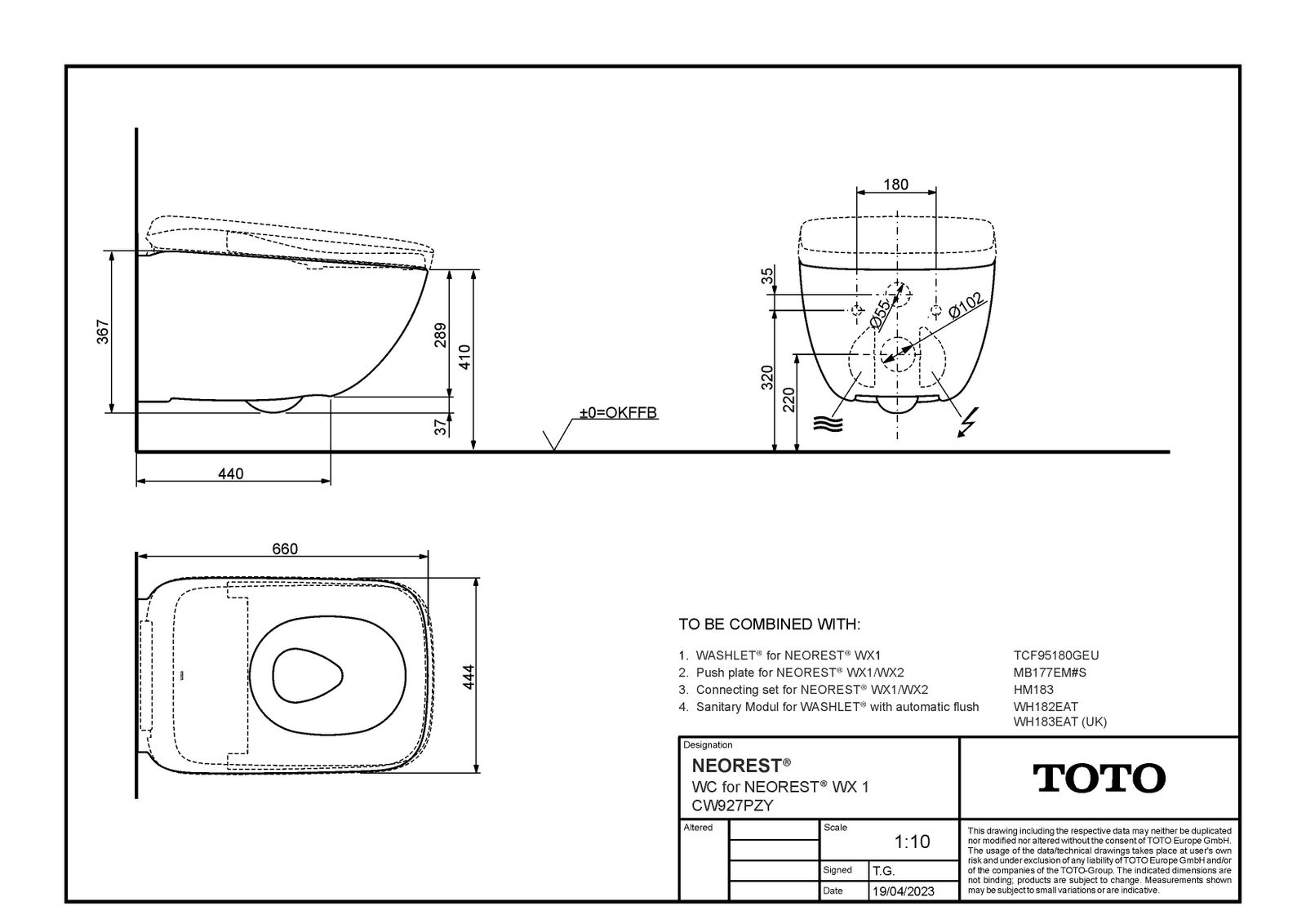 TOTO WC NEOREST WX1 wandhängend, Tiefspüler, Keramik, 44,4 x 66,7 x 36,7 cm, weiß