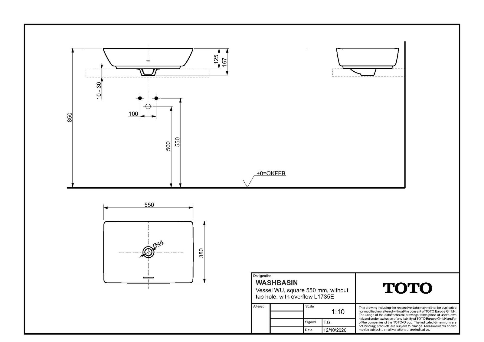 TOTO Aufsatzwaschtisch WU 55x38x16,7cm, ohne Hahnloch, mit Überlauf, weiß, eckig