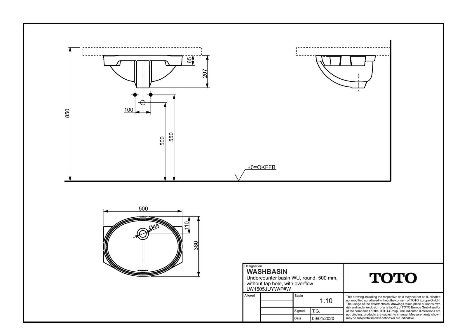 TOTO Unterbauwaschtisch WU 50x38x20,7cm, ohne Hahnloch, mit Überlauf, rund, weiß