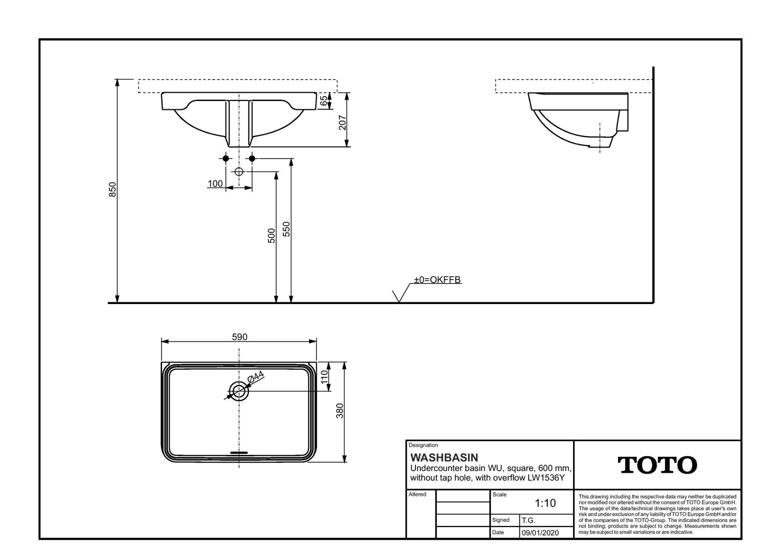 TOTO Unterbauwaschtisch WU 59x38x20,7cm, ohne Hahnloch, mit Überlauf, eckig, weiß