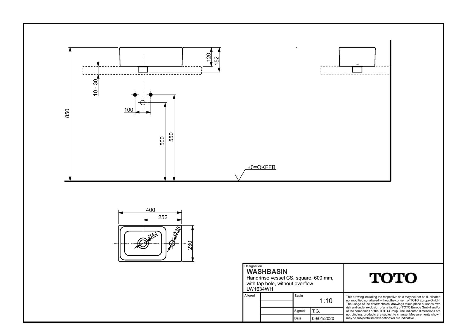 TOTO Aufsatzwaschtisch CS 40x23x15,2cm, mit Hahnloch, eckig, weiß, mit Hahnloch