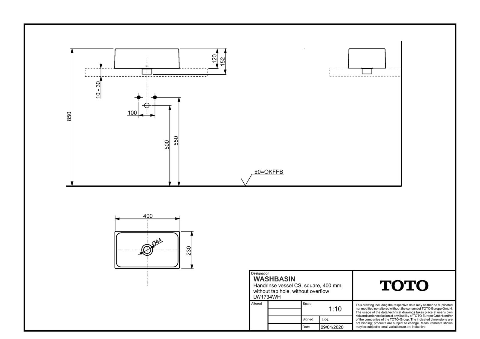 TOTO Aufsatzwaschtisch CS 40x23x15,2cm, mit Hahnloch, eckig, weiß, ohne Hahnloch