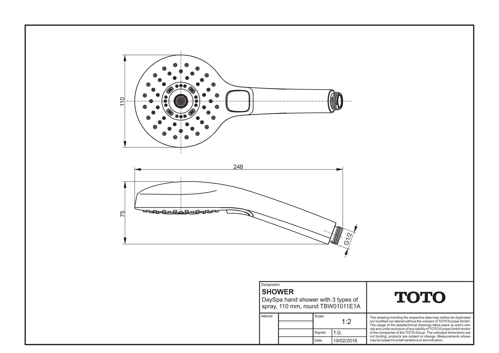 TOTO Handbrause 11x7,5x24,8cm, rund, 3 Strahlarten, chrom/weiß