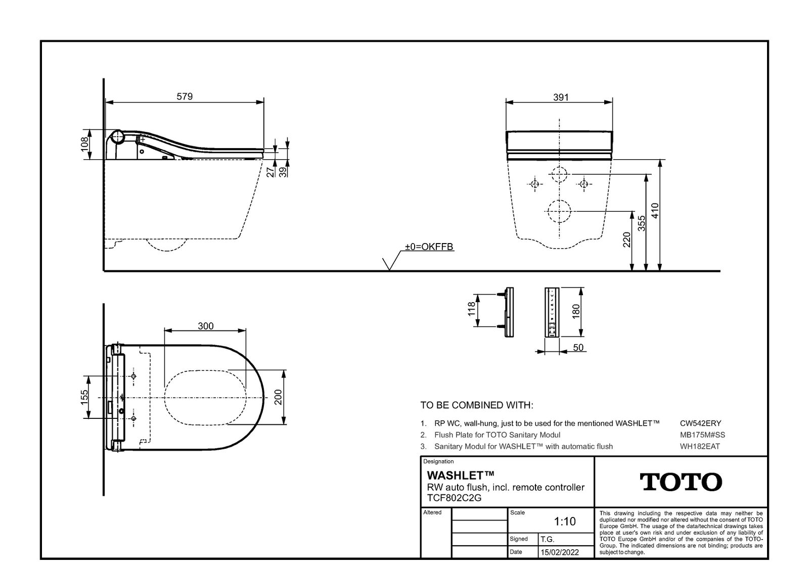 TOTO WC-Sitz-Aufsatz Washlet RW auto flush 39,1x 57,9x10,8cm, mit Fernbedienung für automatische Spülung, weiß