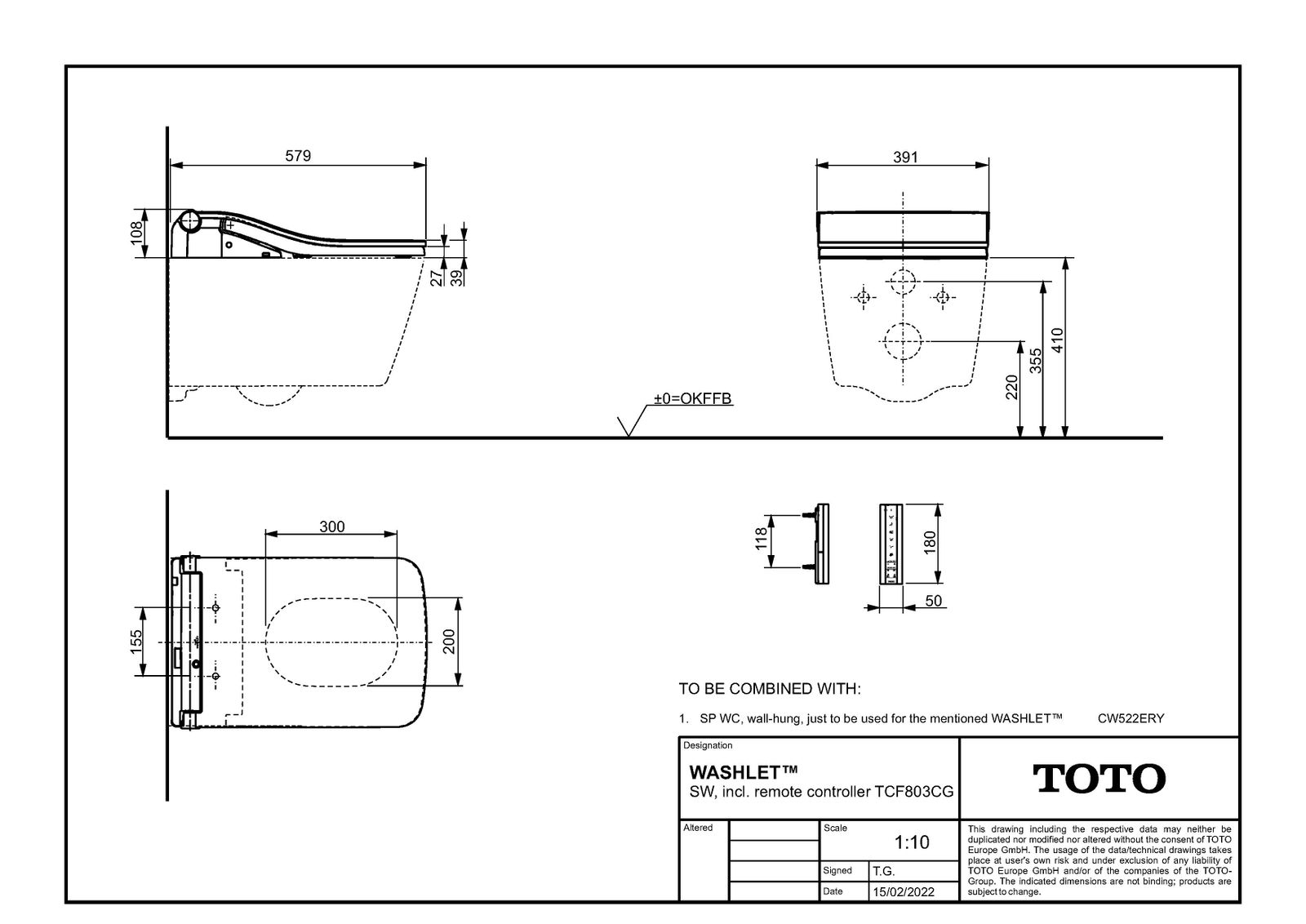 TOTO WC-Sitz-Aufsatz Washlet SW weiß, 39,1x 57,9x10,8cm, mit Fernbedienung