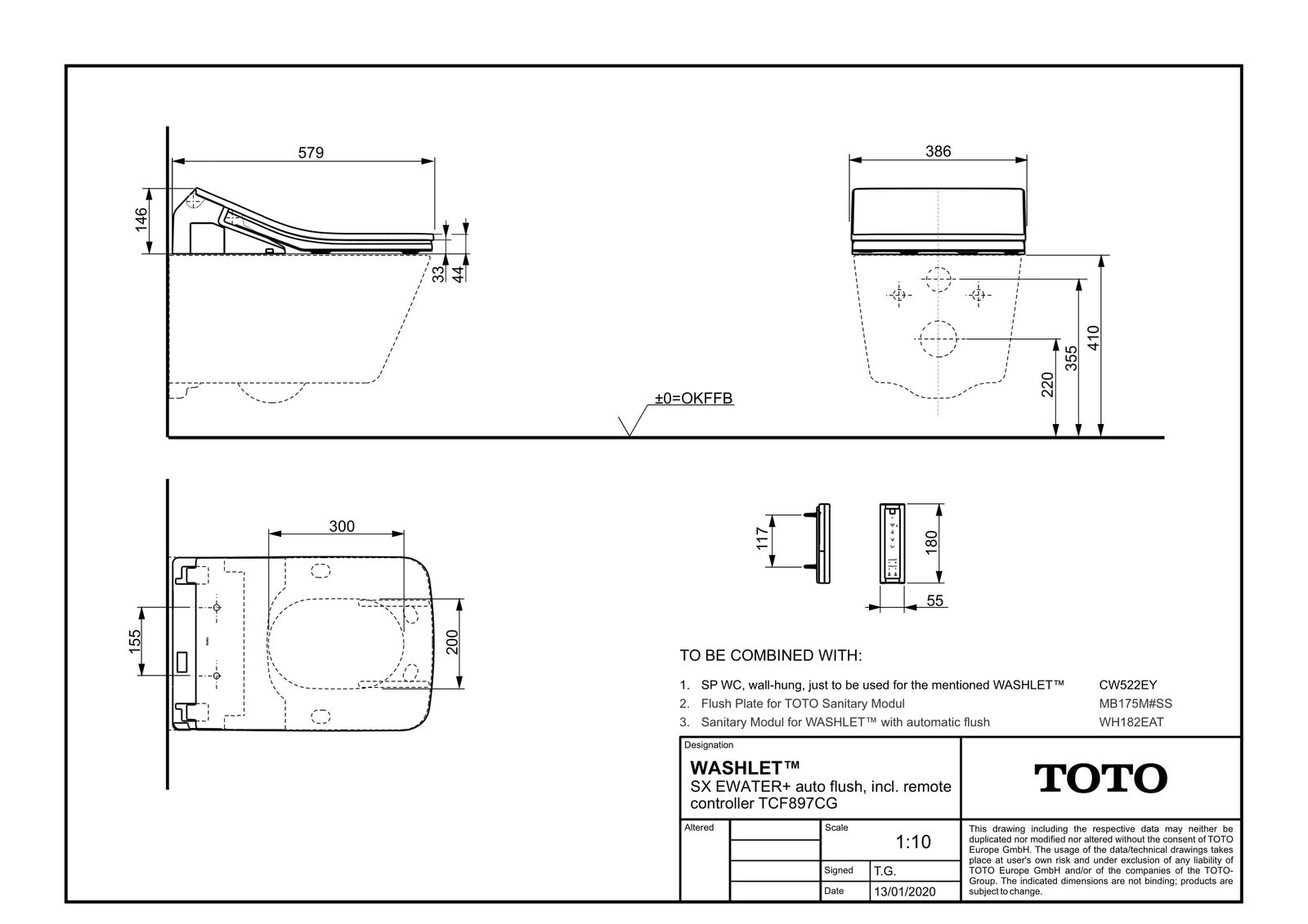 TOTO Dusch-WC-Aufsatz Washlet SX EWATER+ auto flush 38,6x57,9x14,6cm, mit Fernbedienung, für automatische Spülung, weiß