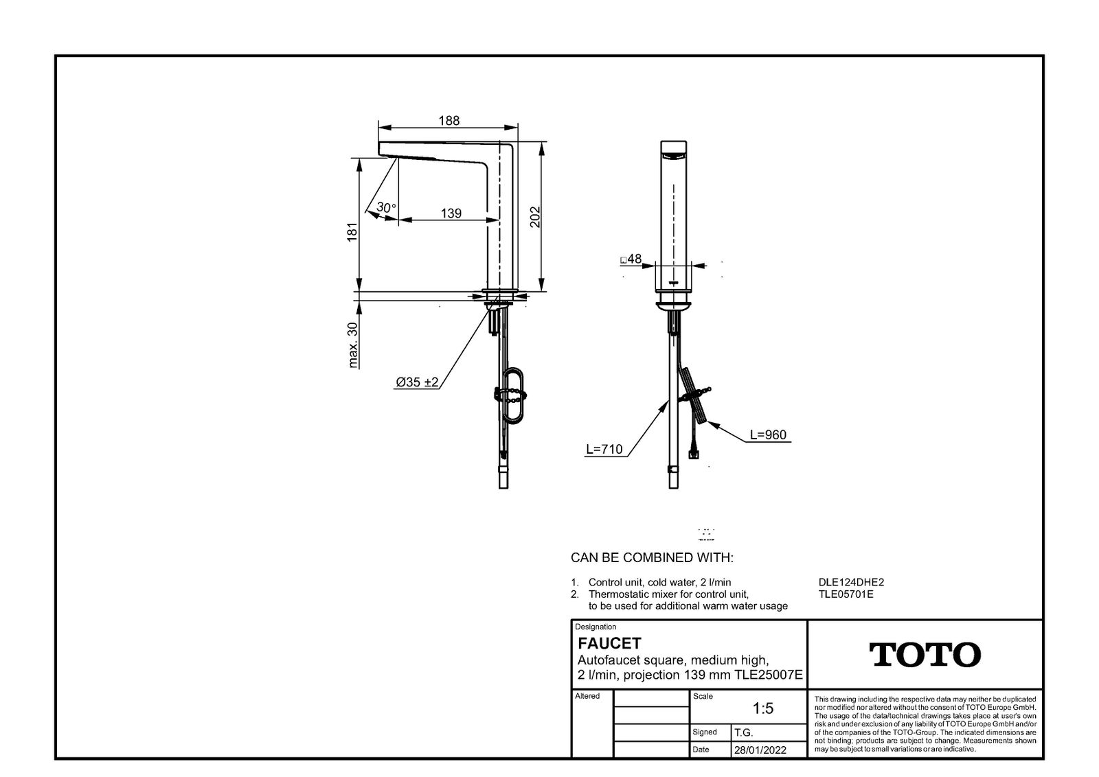 TOTO Automatik-Armaturauslauf 139mm, 2 l/min, eckig, mittelhoch, chrom