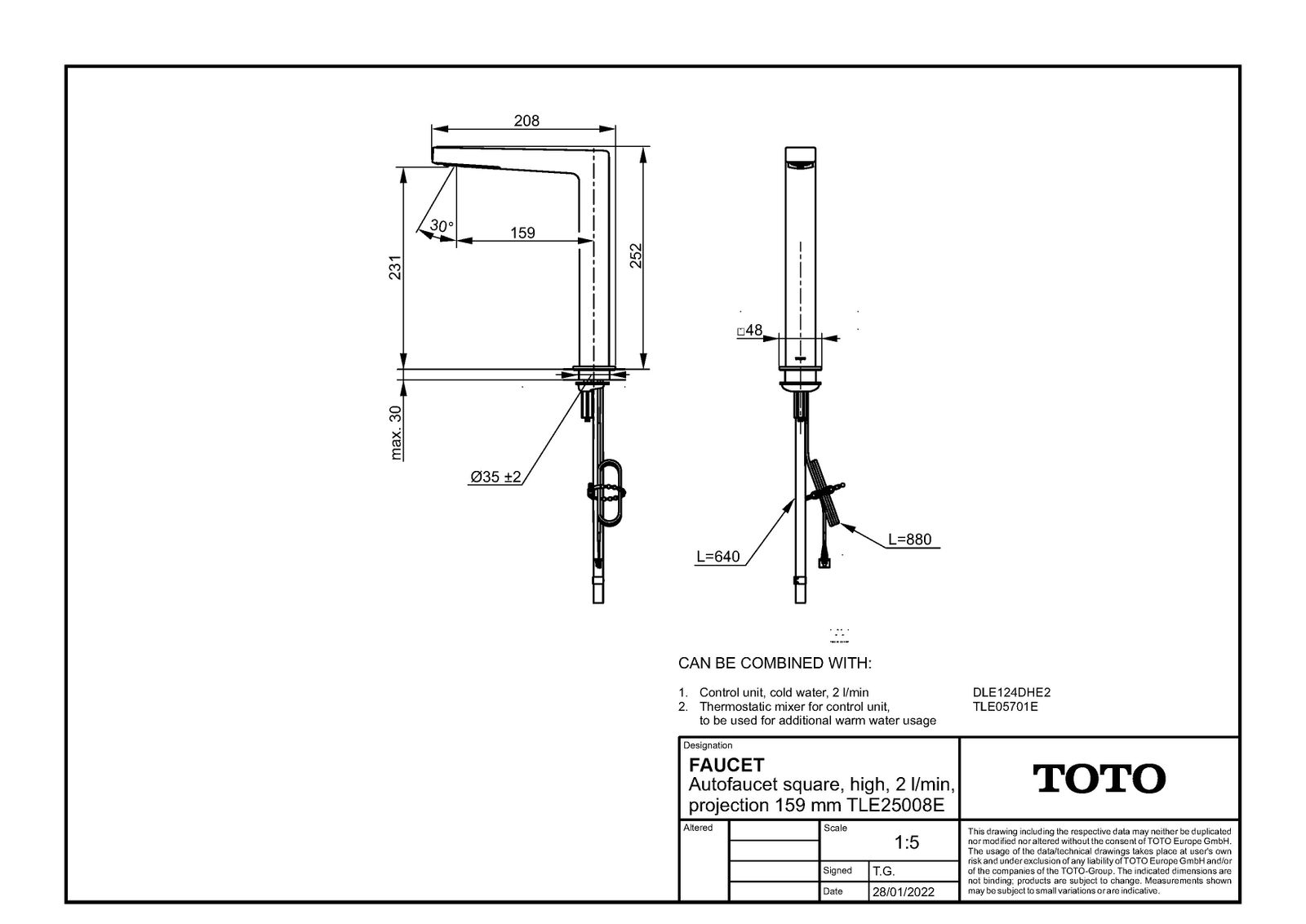 TOTO Automatik-Armaturauslauf 159mm, 2 l/min, eckig, hoch, chrom