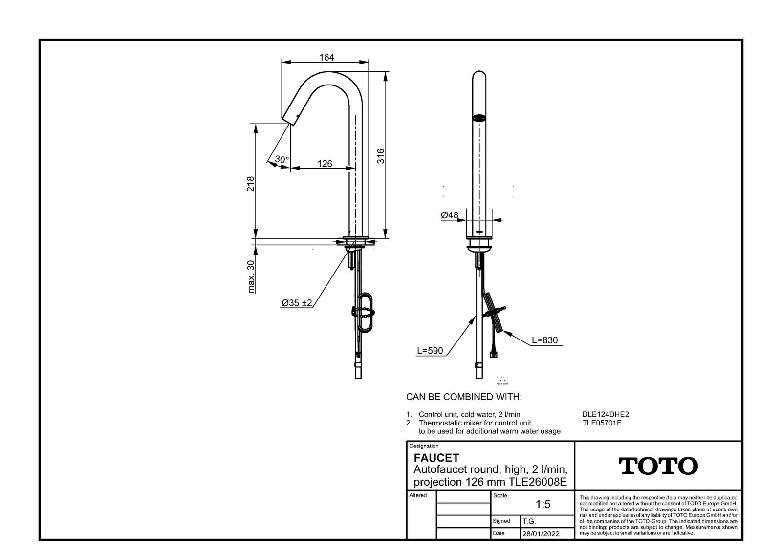 TOTO Automatik-Armaturauslauf 126mm, 2 l/min, rund, hoch, chrom