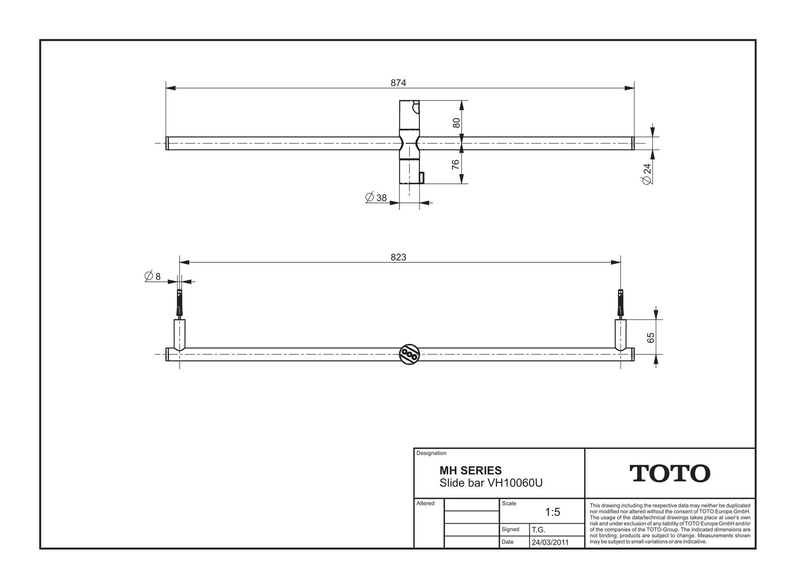 TOTO Brausestange d&#x3D; 24mm, 8,4x15,6x87,4cm, mit Brausehalter, chrom