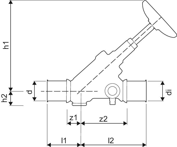 Uponor Schrägsitzventil S-Press PLUS 40 mm, Messing, mit Rückflussverhinderer
