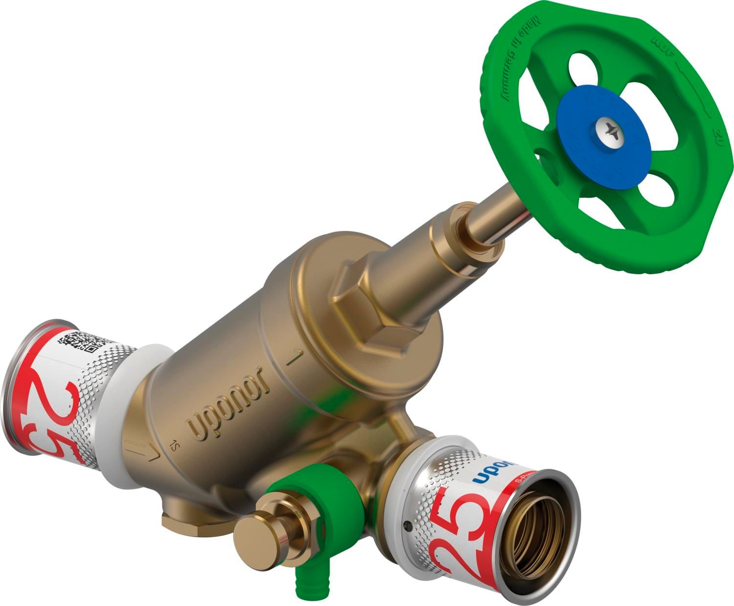 Uponor Schrägsitzventil S-Press PLUS 25 mm, Messing, mit Rückflussverhinderer